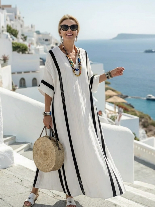Inès | Vestido Maxi Listrado de Mangas Curtas