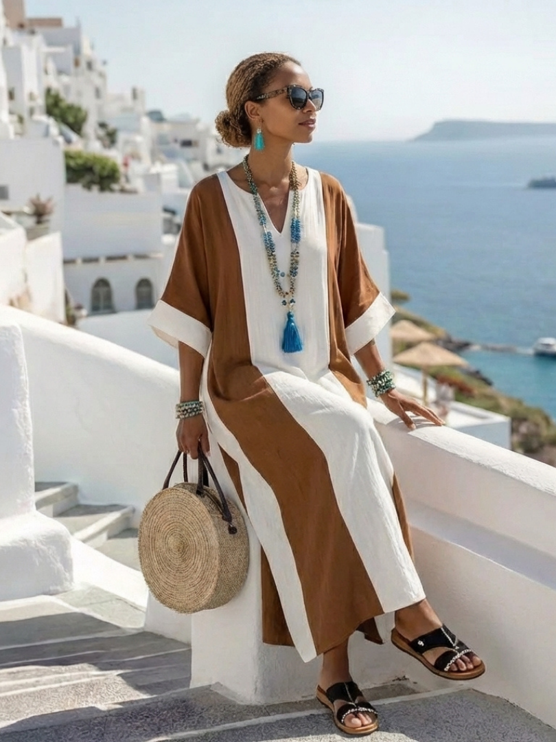 Sarah | Robe Maxi Descontraída com Mangas Curtas Bicolor