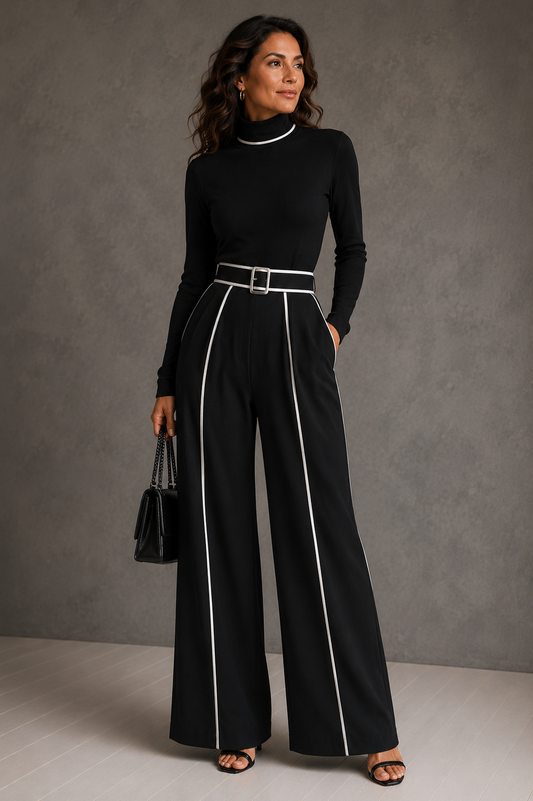 Céline | Conjunto Chic com Gola Alta & Calças Largas