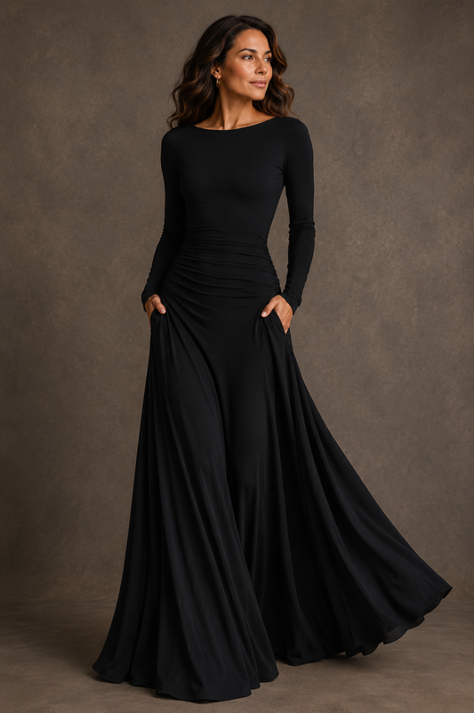 Noémie | Vestido Longo Preto com Decote Bateau & Drapeado Elegante