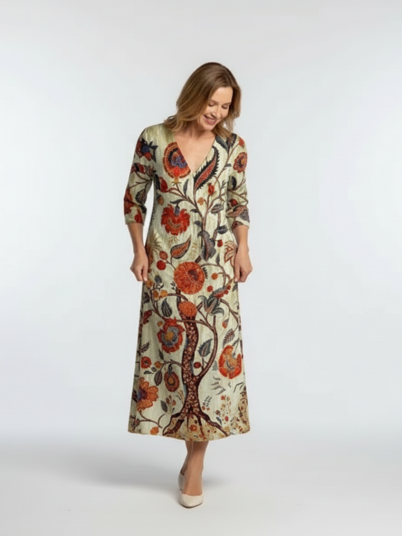 Élise | Vestido midi floral de mangas longas em V