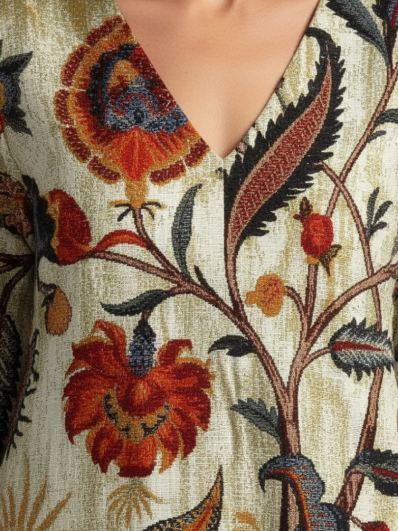 Élise | Vestido midi floral de mangas longas em V