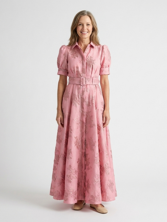 Amélie | Vestido maxi de mangas curtas com cinto em flores