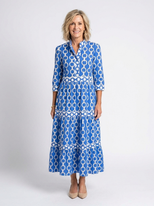 Pauline | Vestido midi de mangas três quartos e padrão de corrente