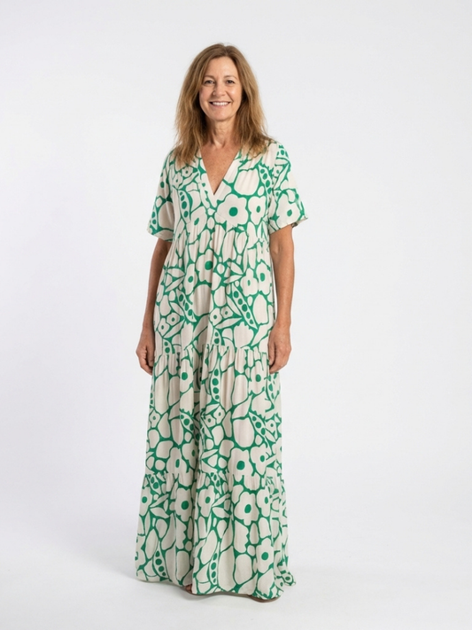 Lucie | Vestido midi com flores, mangas curtas e decote em V