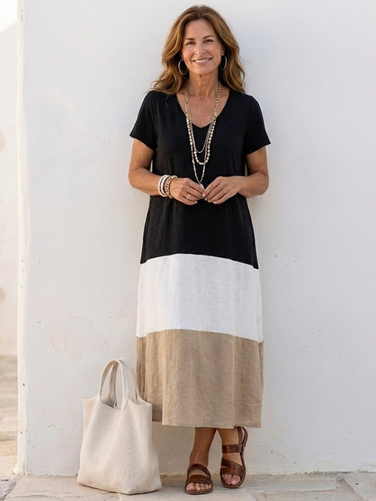 Valentine | Vestido midi com decote em V e mangas curtas bicolor