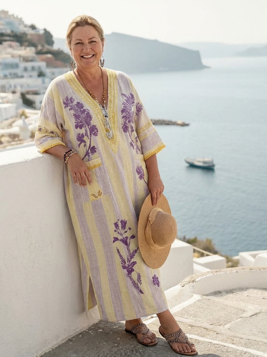 Iris | Vestido maxi às riscas florais com decote em V e mangas semi-longas