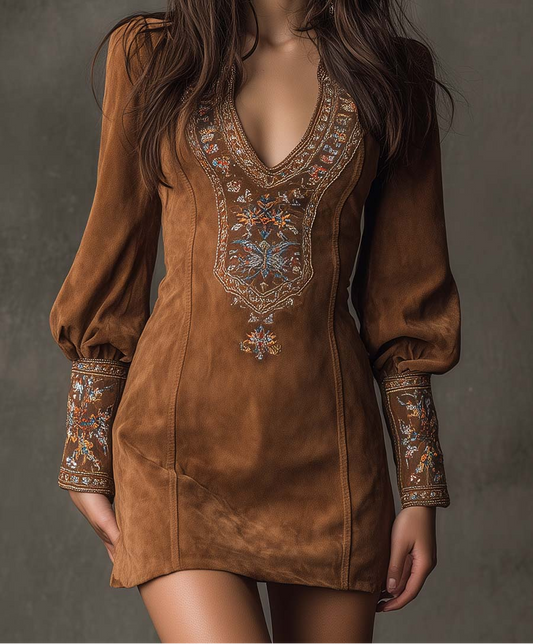 Emilienne | Mini-Robe Vintage em Suédine Bordada