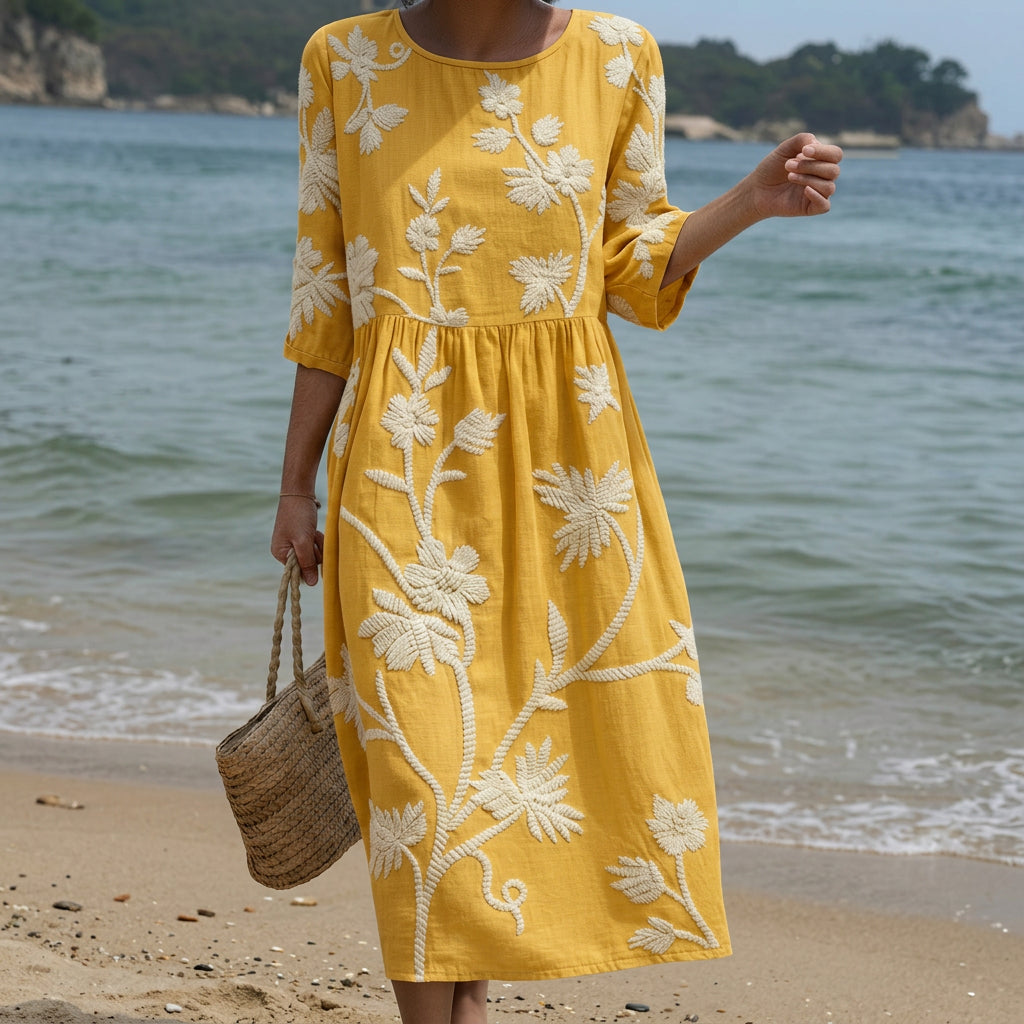 Iara - Vestido Midi com Estampado de Plantas e Flores