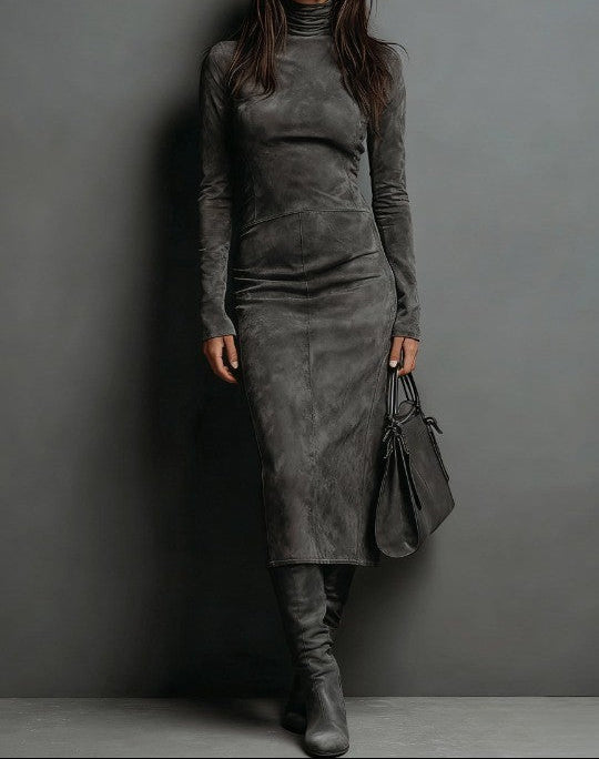 Auriane | Robe Midi de Suédine com Gola Alta