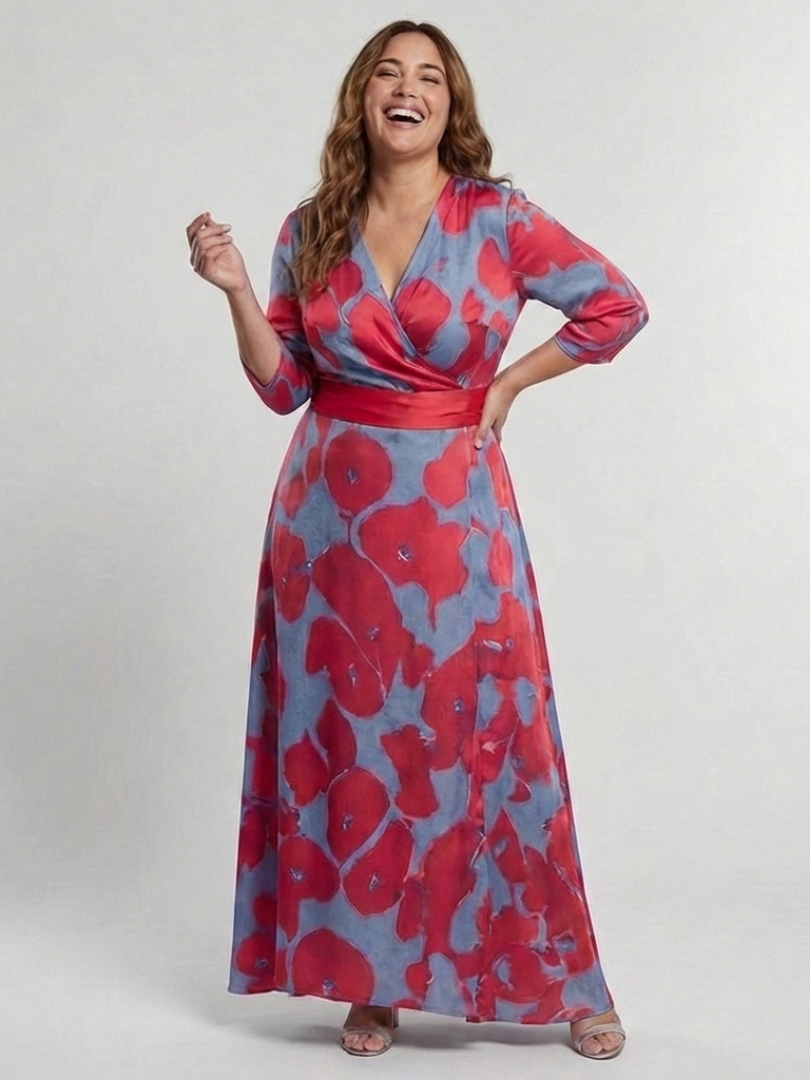 Marie | Vestido maxi com flores e mangas três-quartos